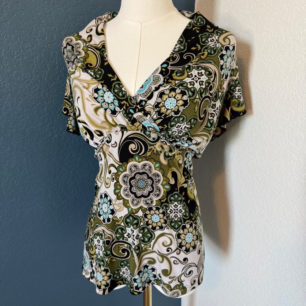 Y2K Fairy Babydoll JKLA California Paisley Floral V-Neck Top Green Small
